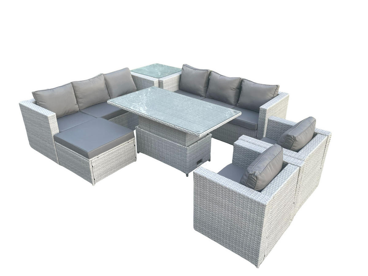 GARTENMÖBEL SET mit höhenverstellbarer Tisch Polyrattan Helles Grau 9-Sitzer - Hellgrau, Metall - Fimous