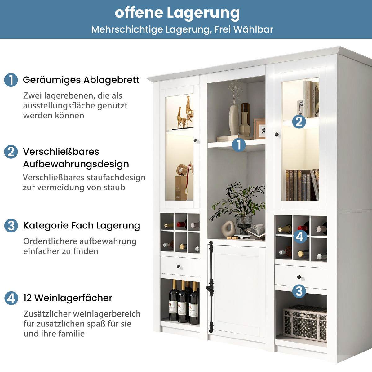 VITRINE LED 3 Böden Standvitrine Stauraum Weiß - Weiß, Holzwerkstoff (143/170/45.5cm) - FLIEKS