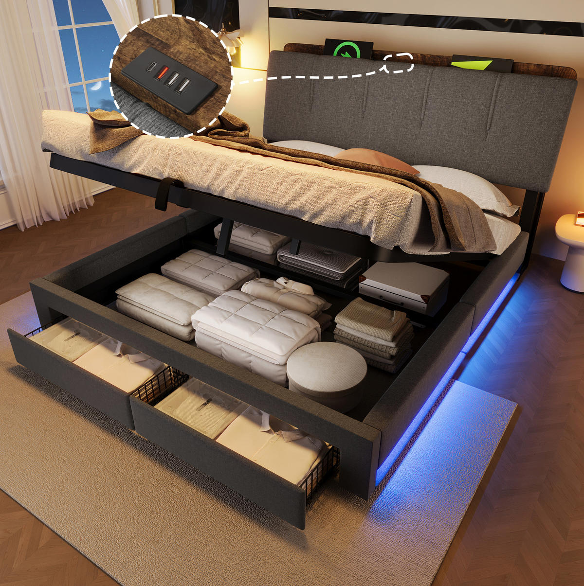 POLSTERBETT 140/200 cm Grau mit LED, USB-C, Bettkasten und Schubladen aus Leinen - Grau, Textil (140/200cm) - OKMYHOME