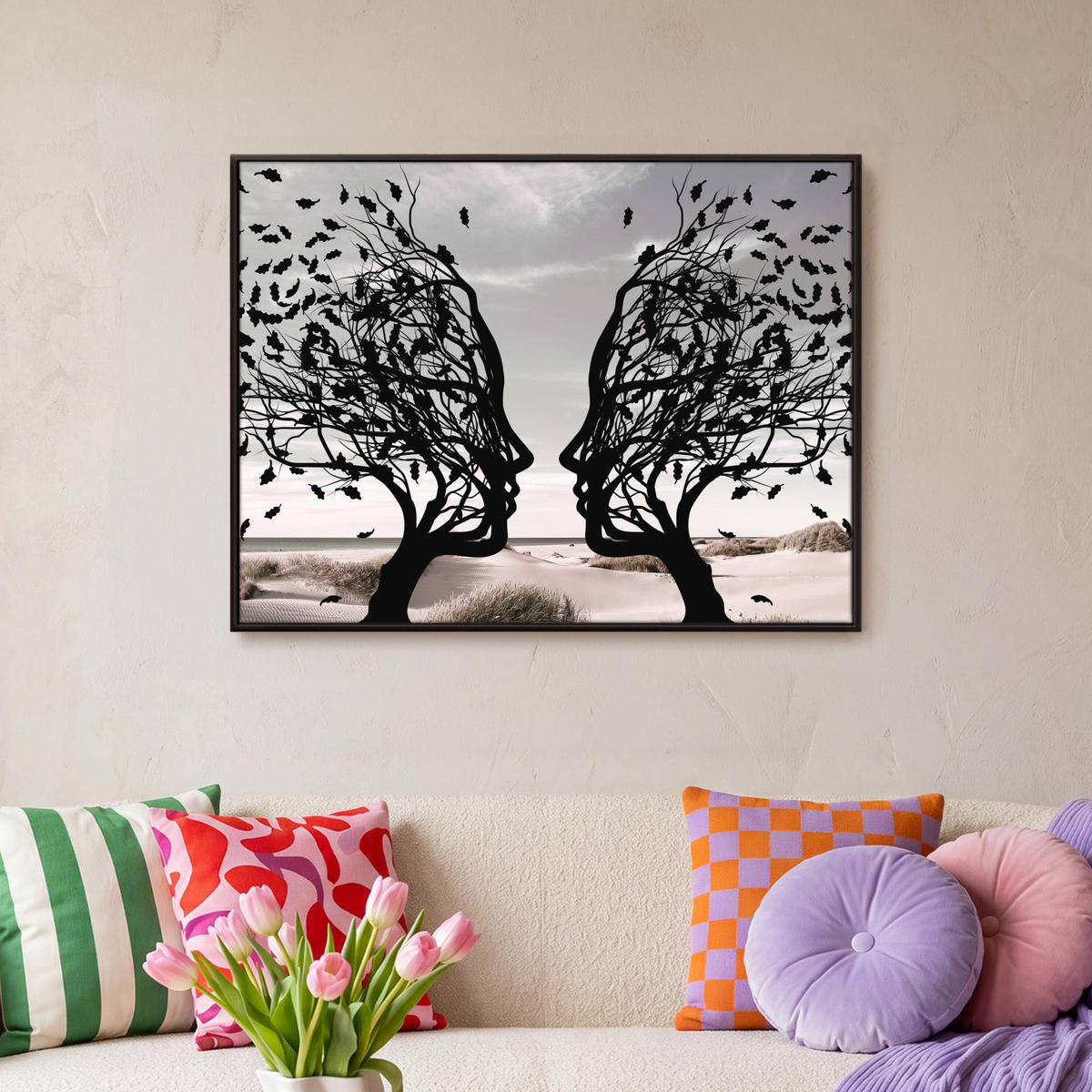 LEINWAND Bilder mit Rahmen - Strand - Meer - Menschen - Baum - Moderne Kunst - 80x60 - Hellgrau, Textil (80/60cm) - MuchoWow