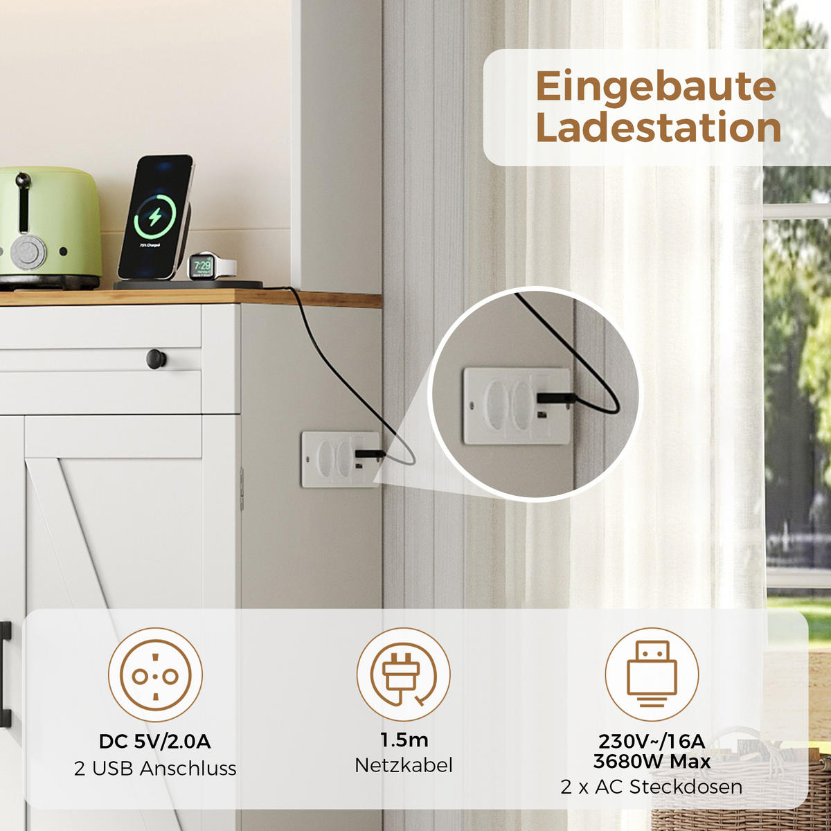 BUFFET DE-38733 100/40/180 cm LED-Beleuchtung und ausziehbarer Organizer Weiß - Weiß, Holzwerkstoff (100/180/40cm) - ComfortXL