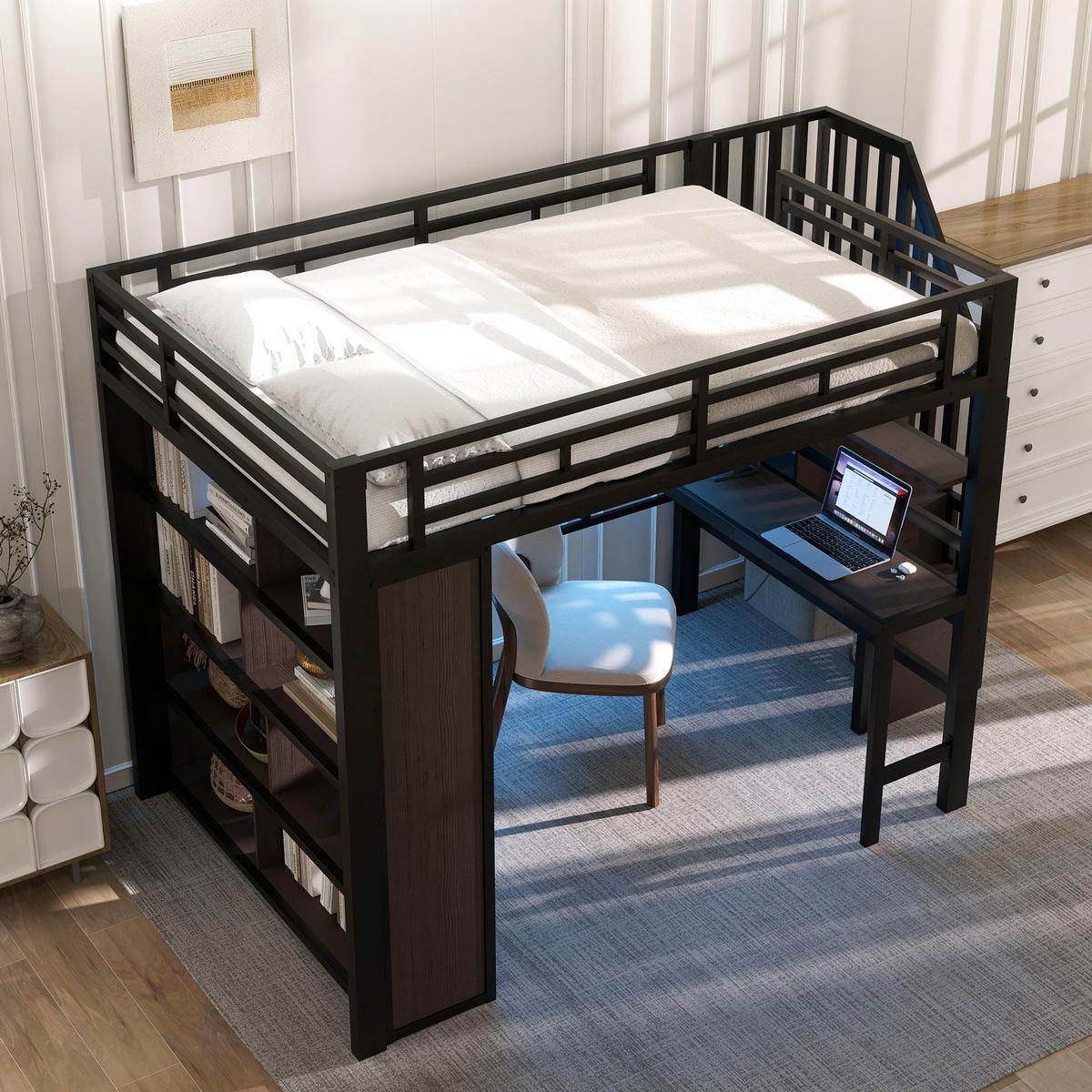 HOCHBETT 140/200 cm Schwarz mit Schreibtisch, Stauraumtreppe und LED-Beleuchtung - Schwarz, Metall (140/200cm) - Flora Grace