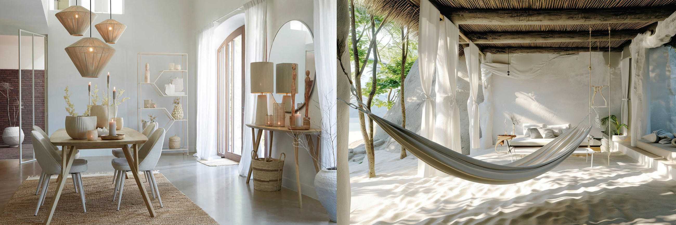 Heller Naturlook-Wohnraum mit Holzmöbeln; daneben Strandhütte mit Hängematte im Sand.