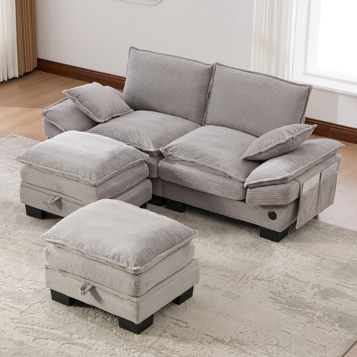 2-SITZER SOFA Cord Hellgrau mit Hocker und USB-C - Hellgrau, Holzwerkstoff/Kunststoff (190/84/132cm) - WISHDOR