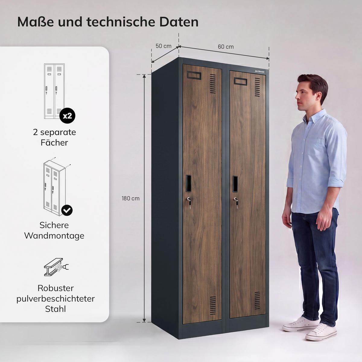 ZWEIFACH-PUTZSCHRANK KACPER II 180x60x50 cm - Anthrazit/Nussbaumfarben, Metall (60/180/50cm) - Jan Nowak
