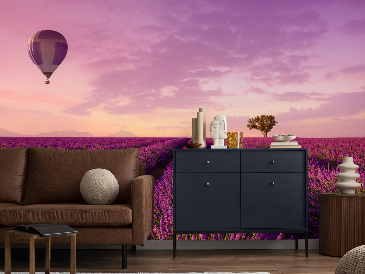 FOTOTAPETE für Wohnzimmer Lavendelfeld Heißluftballon Provence 250x175 - Violett/Lila, Papier (250/175cm) - Muralo