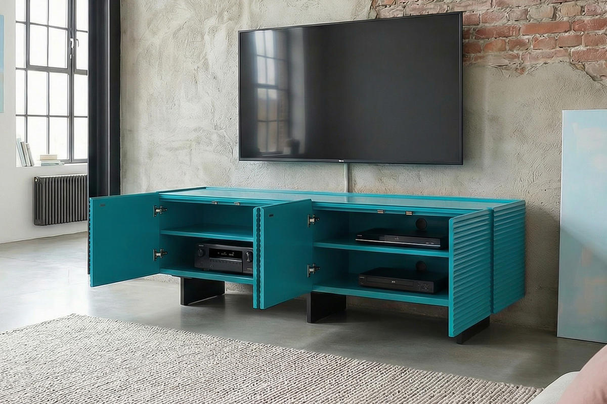 LOWBOARD LYNN Blau Holz - Blau/Schwarz, Holzwerkstoff/Metall (200/55/40cm) - KAWOLA