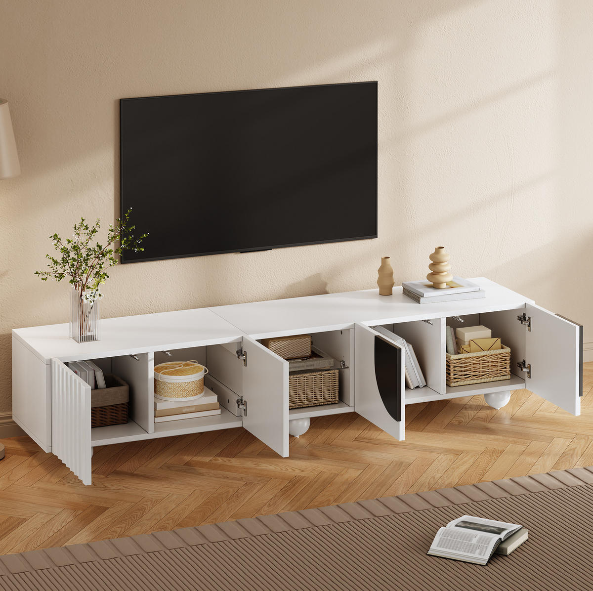 TV stolek 180/40/41,5 cm s push-to-open, otevřeným středovým prostorem a stabilními nožkami, Bílá - bílá, kompozitní dřevo (180/41.5/40cm) - Redom