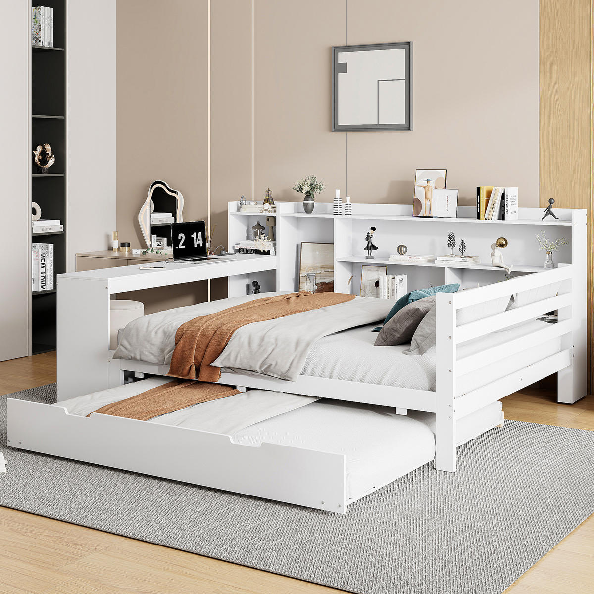 SCHLAFSOFA 140/200 cm mit Ausziehbett, Schreibtisch, Regalen und USB-Steckdose, Weiß - Weiß, Holzwerkstoff (165/100/245.5cm) - Redom