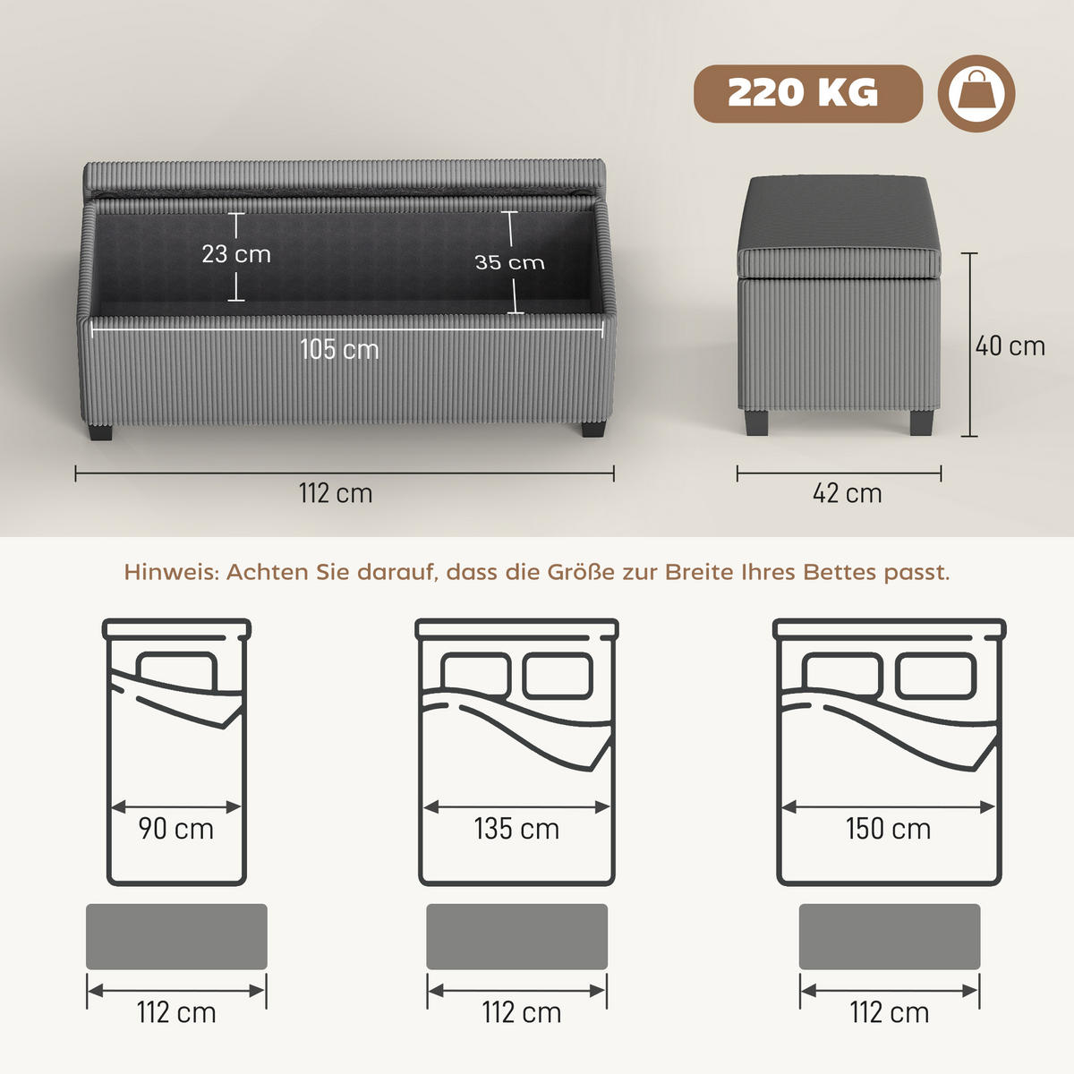 SITZBANK mit Stauraum Polsterbank 112 x 42 x 40 cm mit abnehmbarem Deckel, Grau - Schwarz/Grau, Textil/Metall (42/40/112cm) - HOMCOM