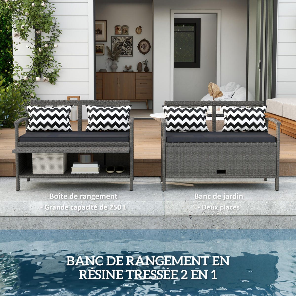 GARTENBANK 2-Sitzer DE-13599 2-Sitzer mit Stauraum 160L, PE-Rattan Grau - Grau, Metall (112/82/62cm) - ComfortXL