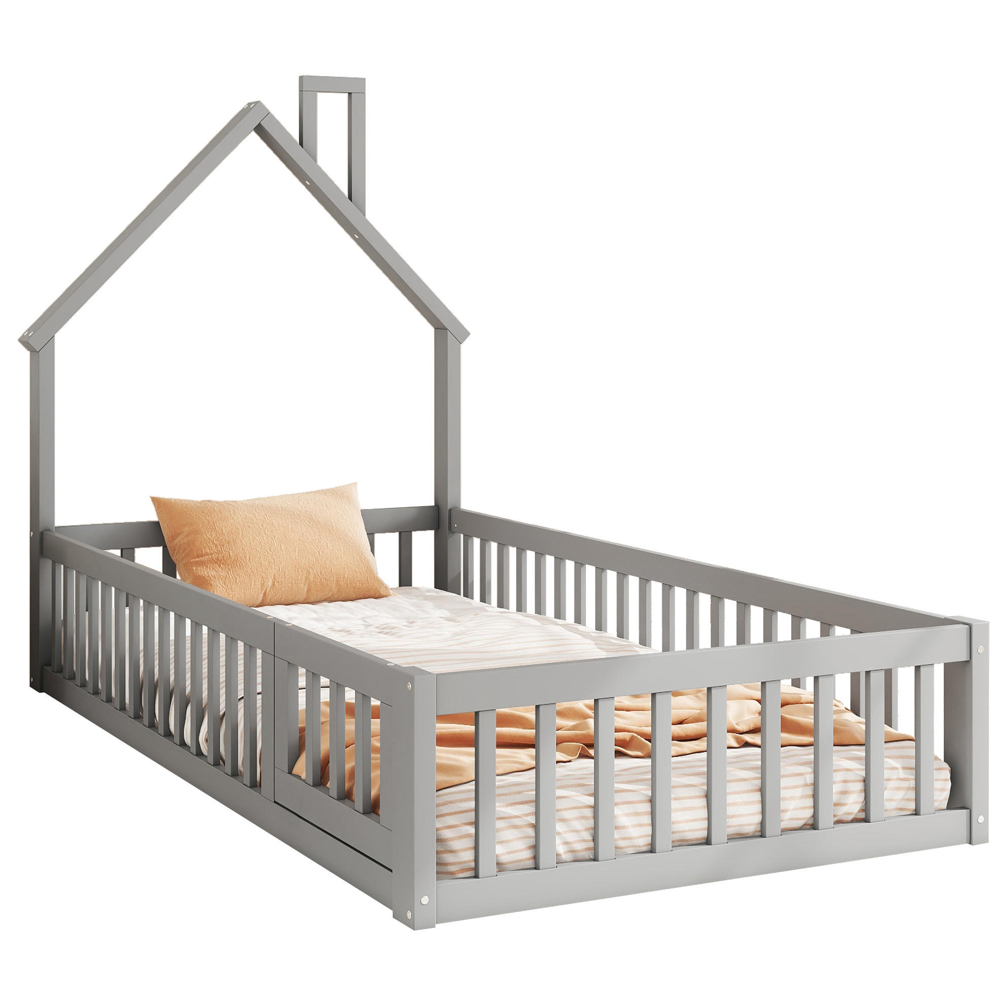 KINDERBETT Kindereinzelbetten 90/200 cm mit Lattenrost, Sicherheitsgitter und Schornstein-Design aus Kiefer, Grau - Grau, Holzwerkstoff (90/200cm) - Redom