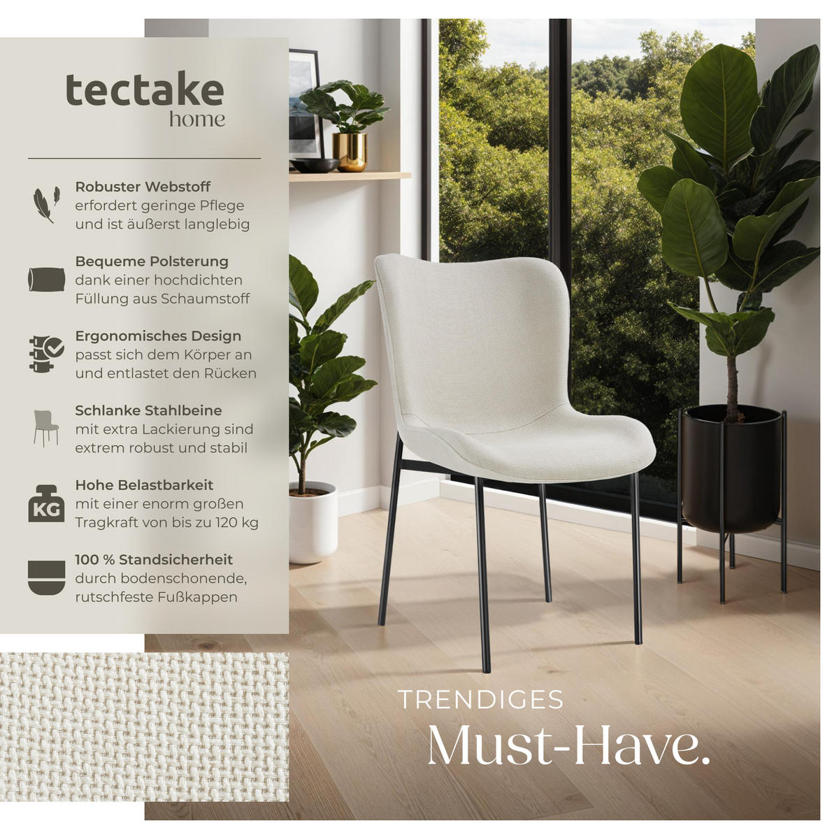 POLSTERSTUHL 4er Set Tessa 54 x 62 x 90 cm Webstoff off-white/schwarz - Schwarz/Weiß, Textil (54/90/62cm) - tectake