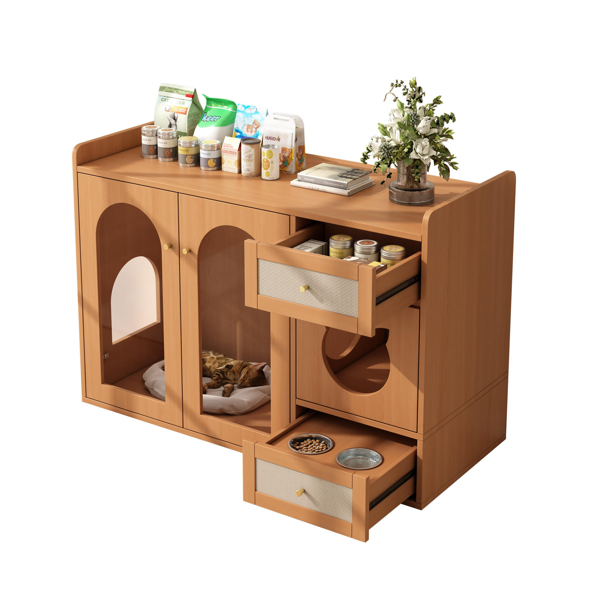 SIDEBOARD 120/45/76 cm in Nussbaum-Optik mit Glastür & Futternapf-Schublade - Walnussfarben, Holzwerkstoff (120/83/45cm) - BEAOK