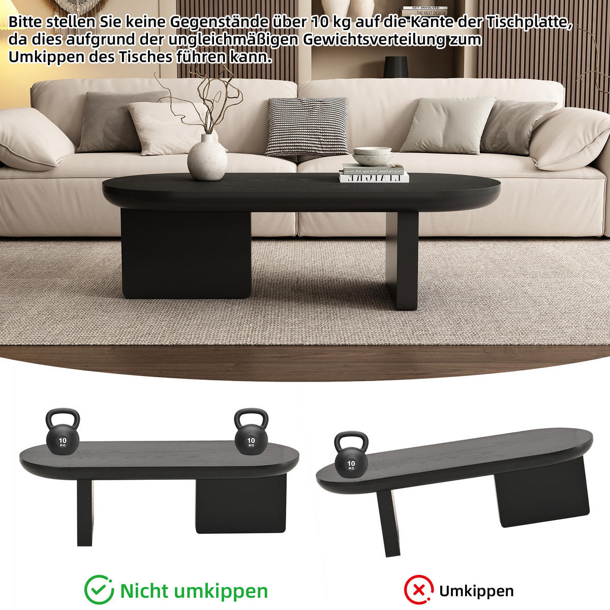 COUCHTISCH oval 119,7 x 49,8 x 35,5 cm Schwarz MDF - Schwarz, Holzwerkstoff (119.7/49.8/35.5cm) - Meubliv