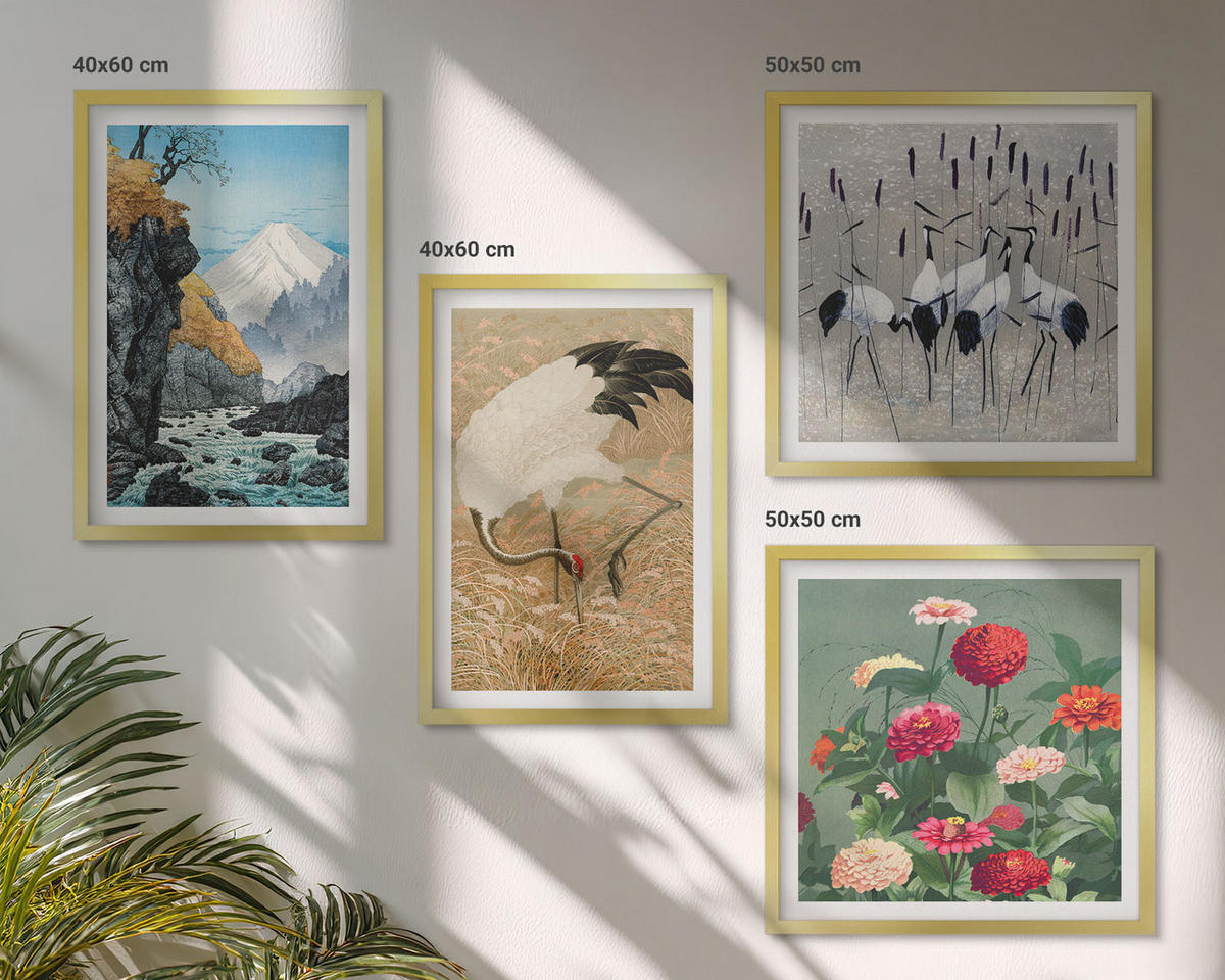 WANDBILDER 4er Set - 50x50 cm & 40x60 cm Goldrahmen - Berge, Fluss, Blumen, Kraniche - Goldfarben, Kunststoff (50/50cm) - ArtPrintCave