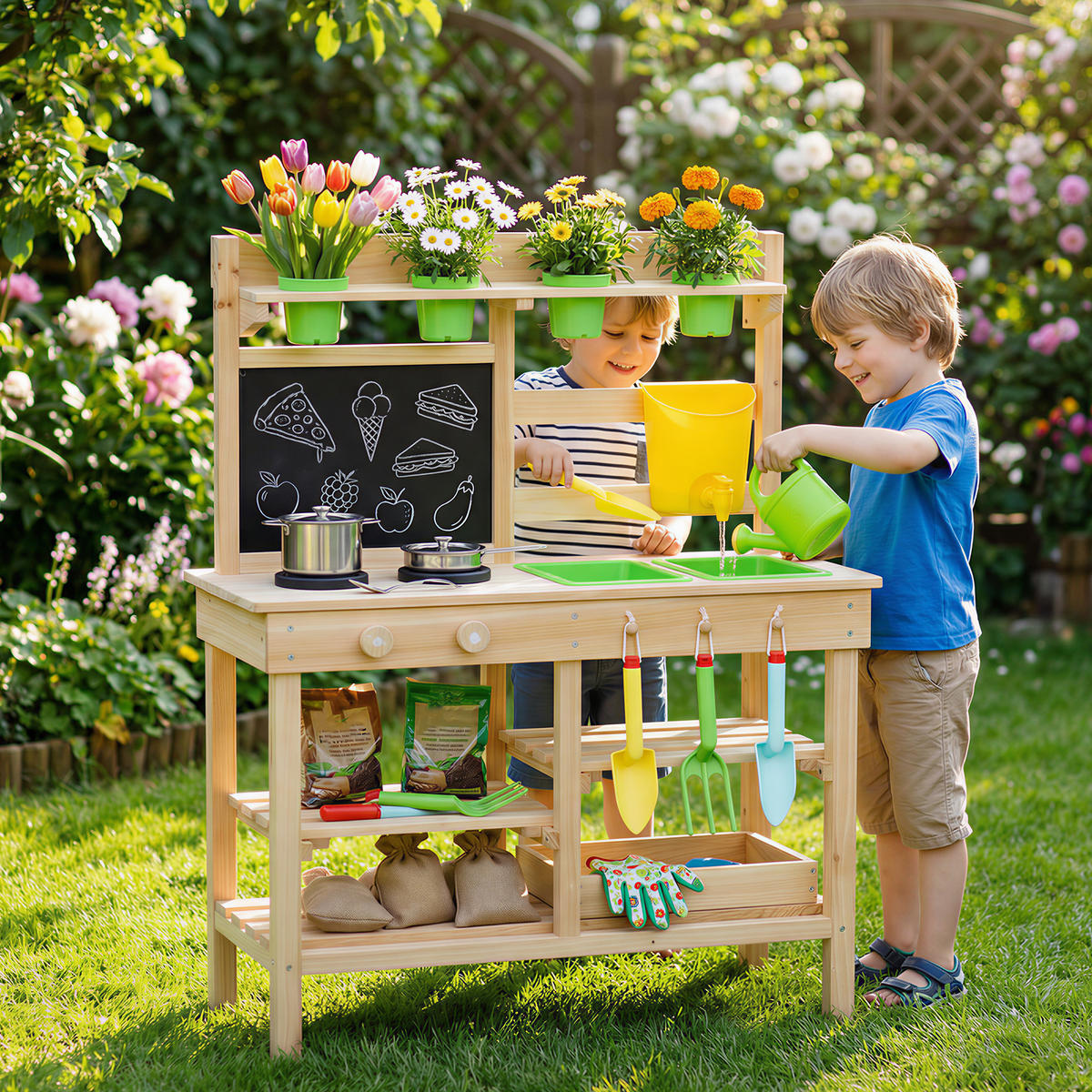 OUTDOOR-KINDER-MATSCHKÜCHE Tannenholz Kunststoff Naturholz - Naturfarben, Holz (32/77cm) - AIYAPLAY