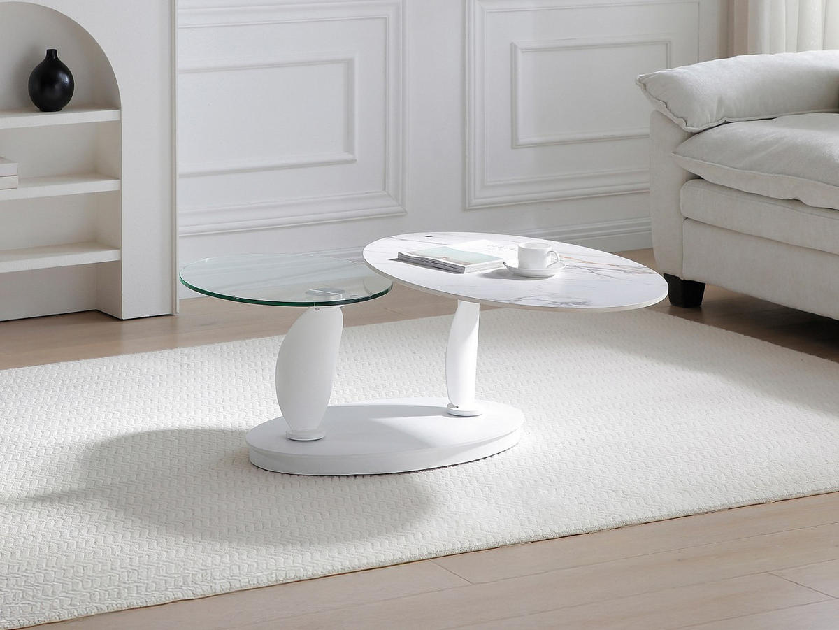COUCHTISCH mit drehbaren Tischplatten - Keramik, Sicherheitsglas & Metall - Marmor-Optik Weiß - MANEYA - Weiß, Glas (150/60/43cm) - Vente-Unique