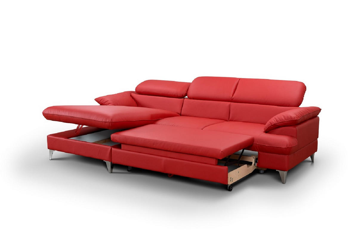 ECKSOFA mit Schlaffunktion und Bettkasten, verstellbare Kopfstützen - Chromfarben/Rot, Textil/Metall (254/167cm) - Cotta