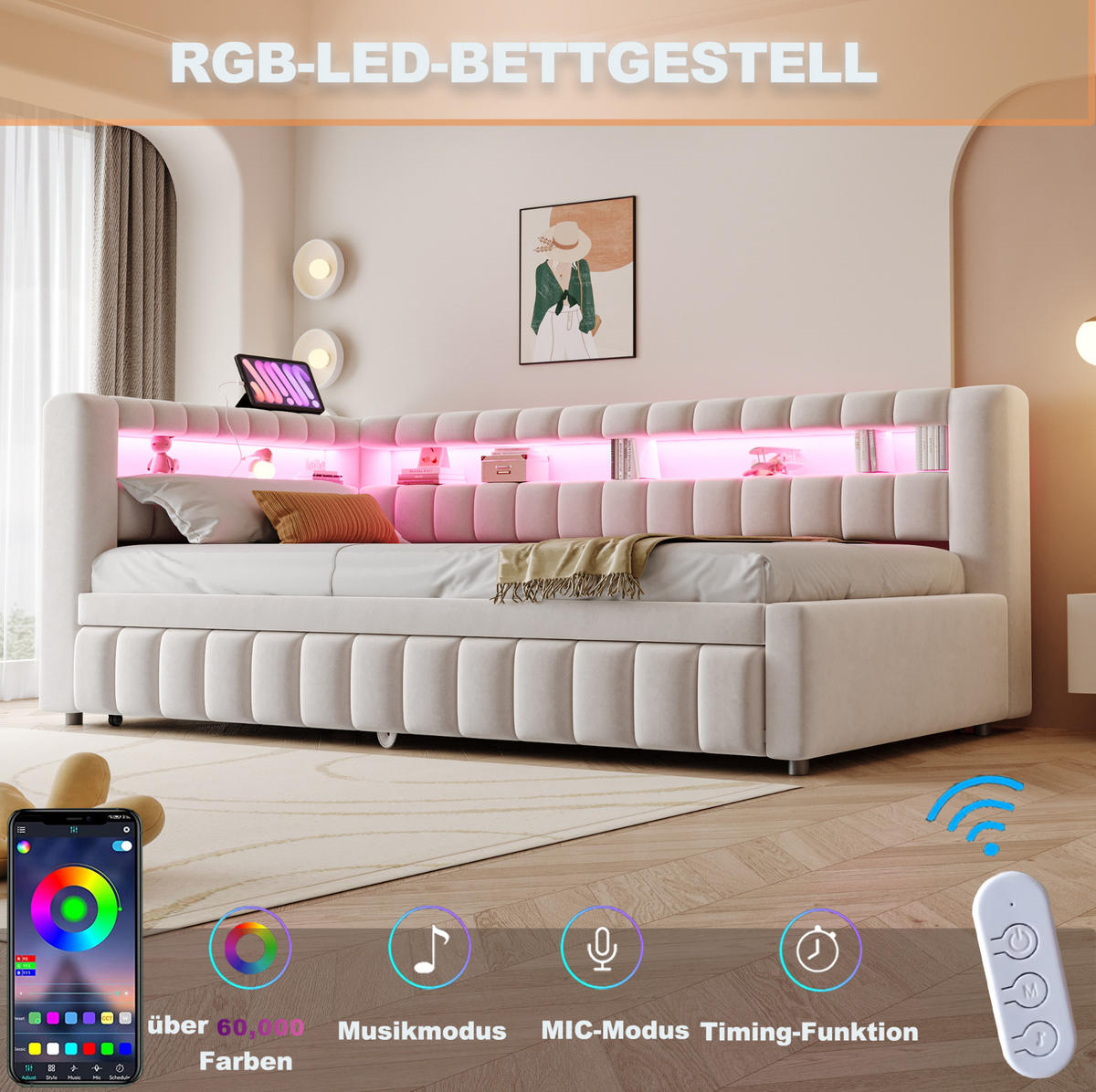 POLSTERBETT 90/200 cm in Beige mit LED-Beleuchtung und USB- sowie Type-C-Anschlüssen - Beige, Textil (90/200cm) - Flora Grace