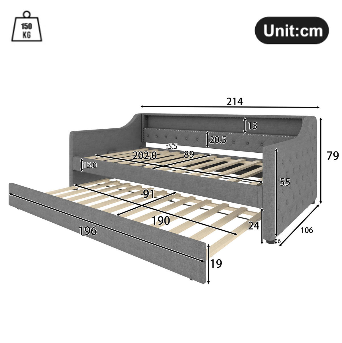 POLSTERBETT 90/200 cm Grau aus Leinen und MDF mit Ausziehbett, LED-Beleuchtung und USB-Ladeanschluss - Grau, Textil (90/200cm) - OKMYHOME