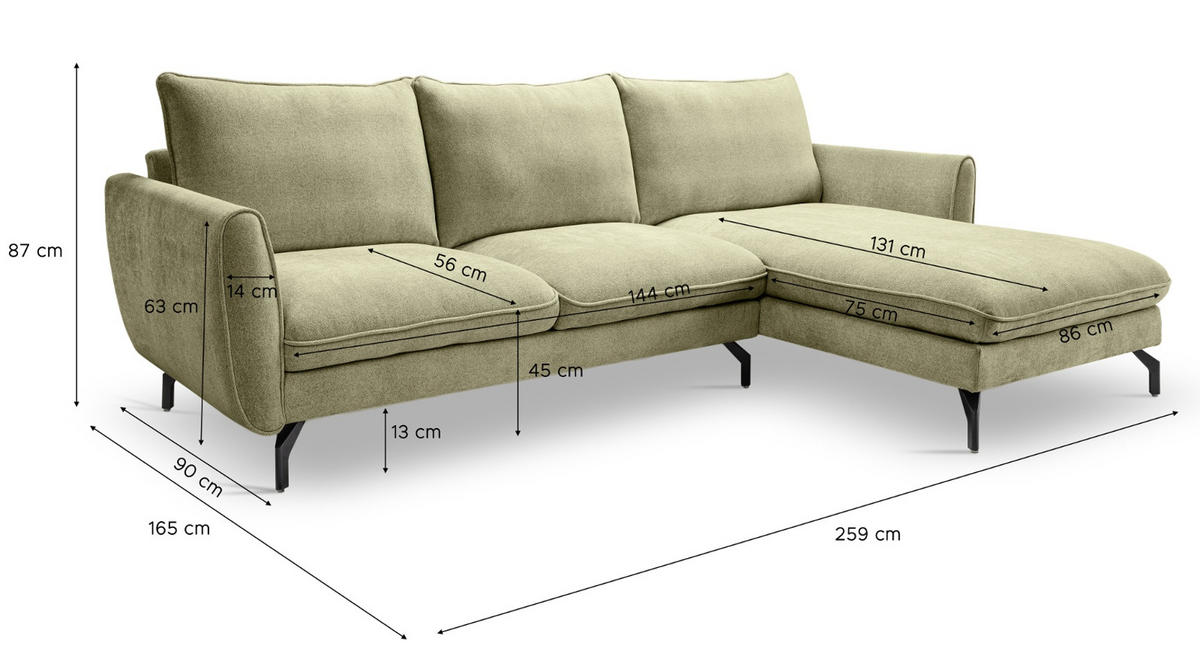 SOFA grün Webstoff 259 x 167 cm, Ecksofa 5-Sitzer, L-Sofa Ottomane rechts - Schwarz/Grün, Holz/Textil (259/167cm) - Inn.Furn