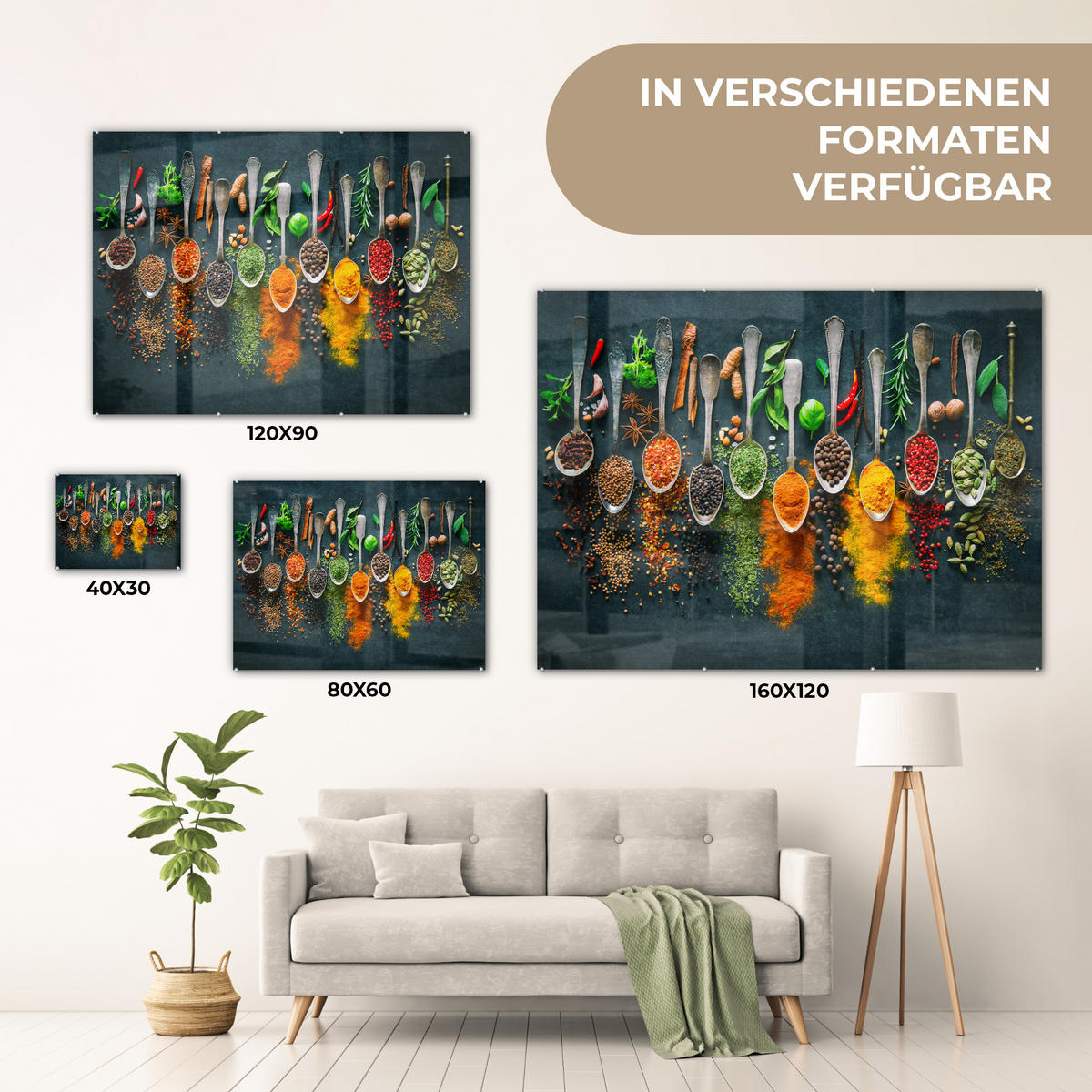 OBRAZ NA AKRYLOVOM SKLE Bylinky - korenie - lyžičky 80x60 cm - kari žltá, sklo (80/60cm) - MuchoWow