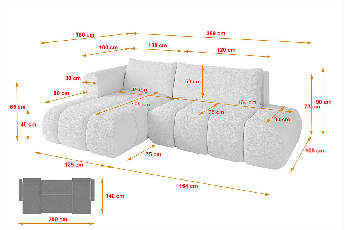 ECKSOFA Ottomane Links CLOUD-L 289x180x40 Weiß Bouclé - Weiß, Holzwerkstoff/Kunststoff (180/289cm) - ALTDECOR