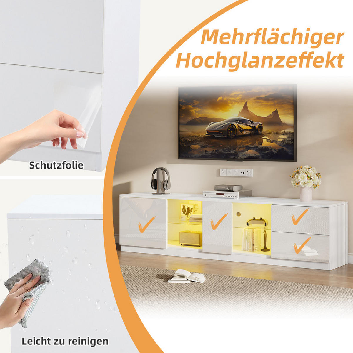 TV-STÄNDER 160x40cm Hochglanz Lowboard LED-Beleuchtung bis 65 Zoll - Weiß, Holz (48.49/18.9/59.89cm) - FLIEKS