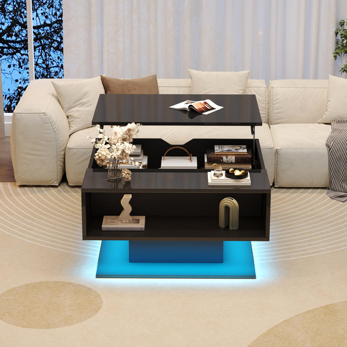 COUCHTISCH aus Spanplatte 80x75x40 cm Schwarz mit Hubfunktion, Stauraum und LED-Beleuchtung - Schwarz, Holzwerkstoff (75/80/40cm) - IVMEU