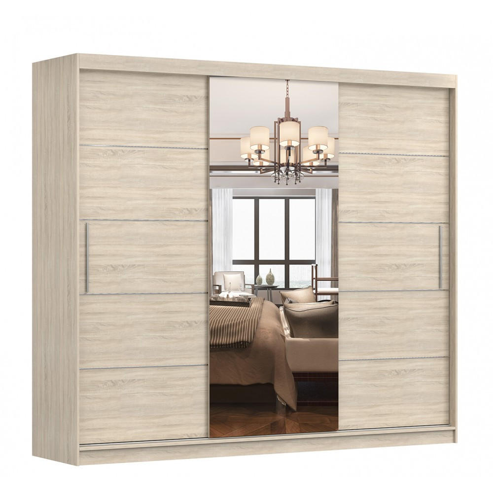 SCHWEBETÜRENSCHRANK Alba Sonoma Eiche/Sonoma Eiche + Spiegel, ohne LED Beleuchtung 250 cm - Alufarben/Sonoma Eiche, Glas/Holzwerkstoff (250/218/61cm) - imoebel24