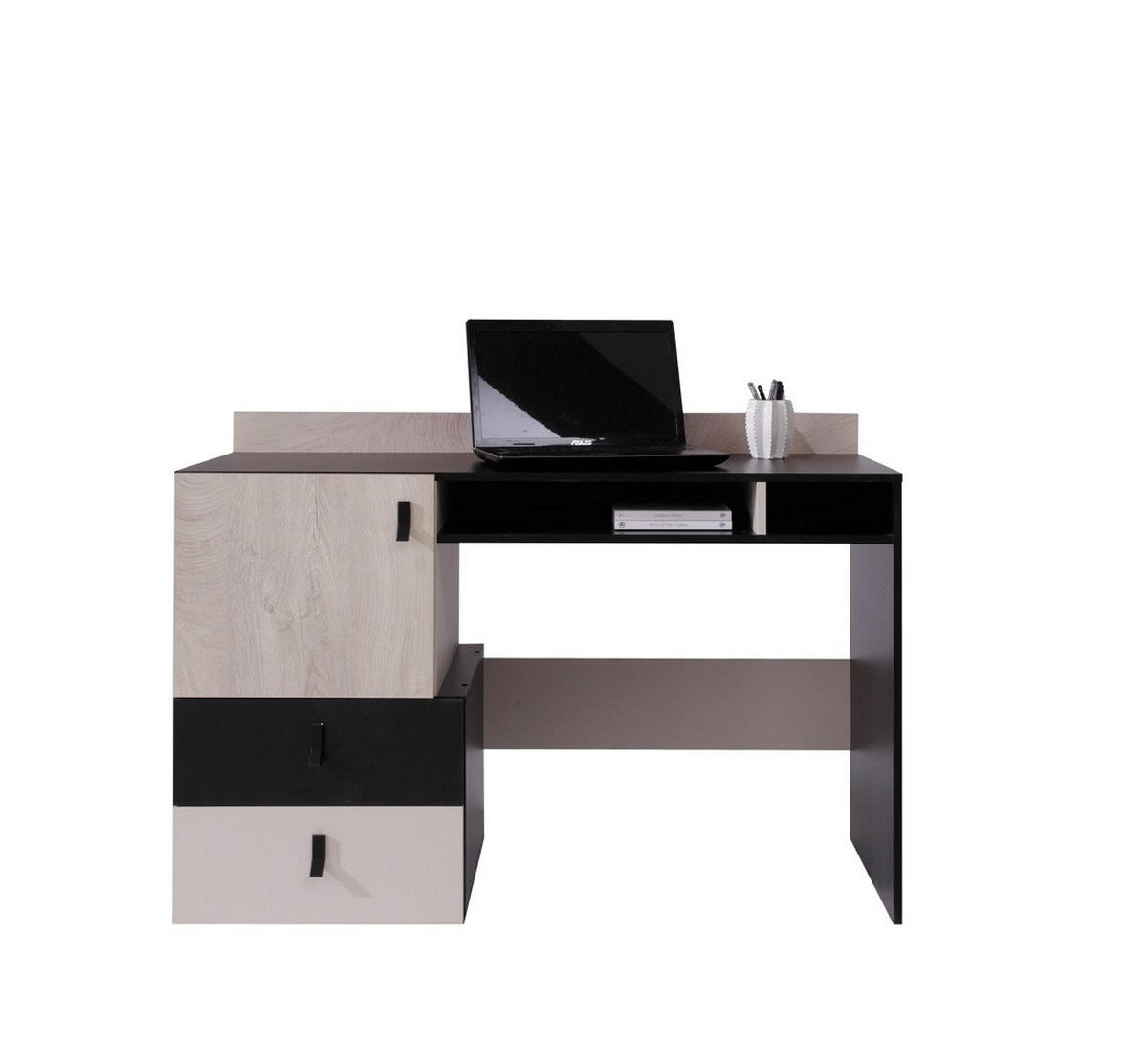 JUGENDZIMMER Space Set B mit Bett 90 x 200 - Schwarz-Eiche-Beige - Eichefarben/Beige, Holzwerkstoff (135/190/135cm) - QMM TraumMöbel