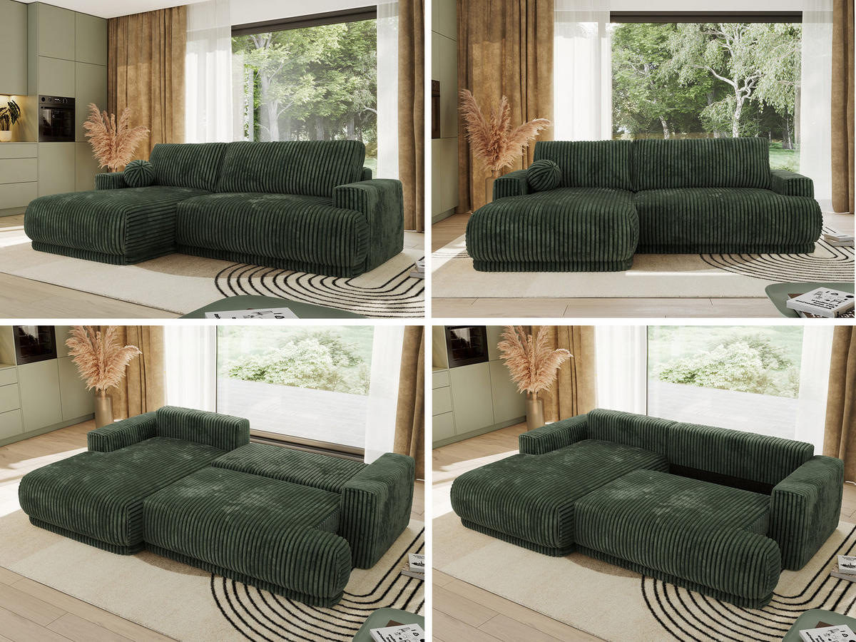 ECKSCHLAFSOFA RINA L Dunkelgrün Cord - links - Dunkelgrün/Schwarz, Kunststoff/Textil (267/170cm) - MKS