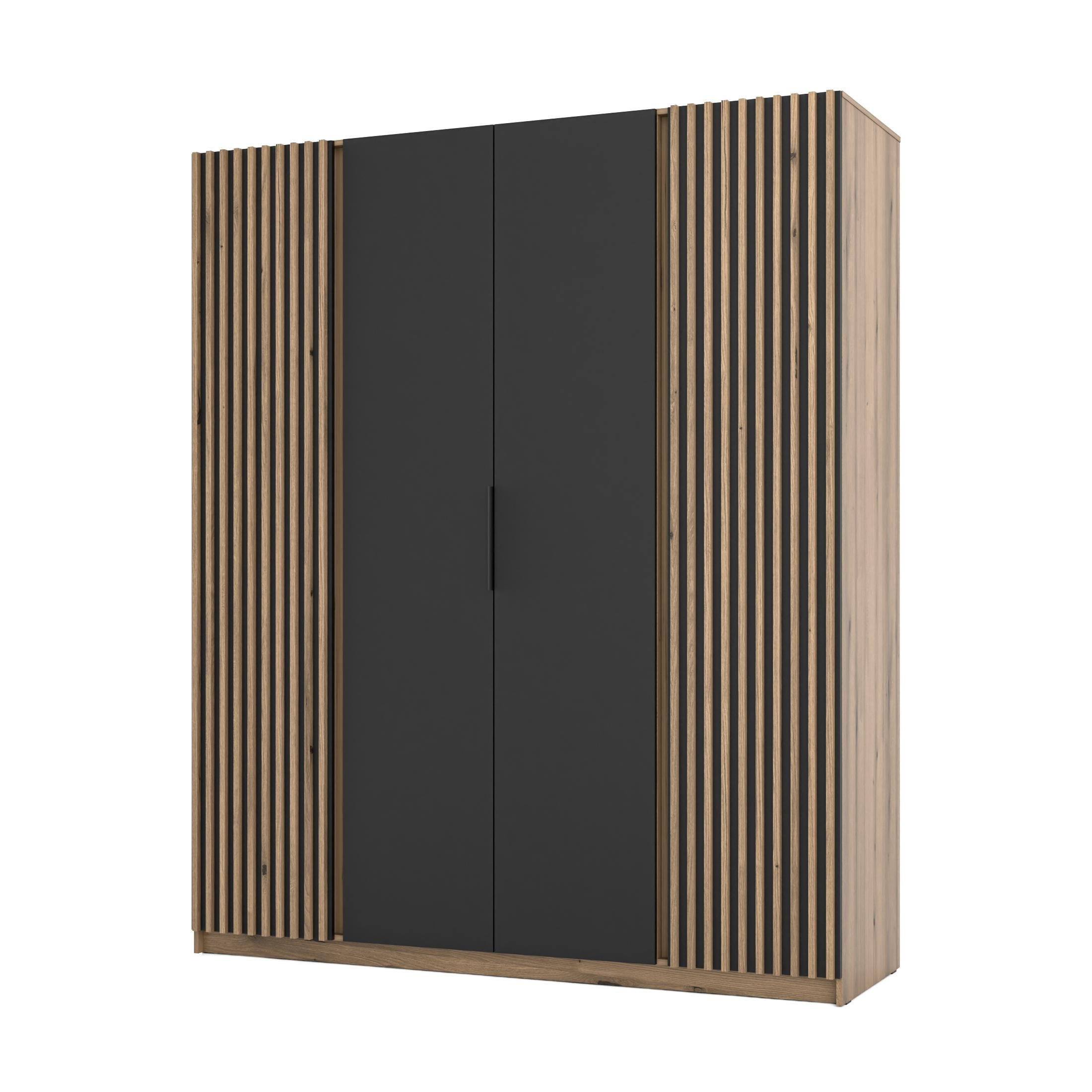 KLEIDERSCHRANK Nehir Korpus Eiche Evoke, Front Schwarz/Eiche Evoke 200 cm - 4T Modern mit 2 Lamellentüren außen - Eichefarben/Schwarz, Holzwerkstoff/Kunststoff (200/239/61.9cm) - AX Living