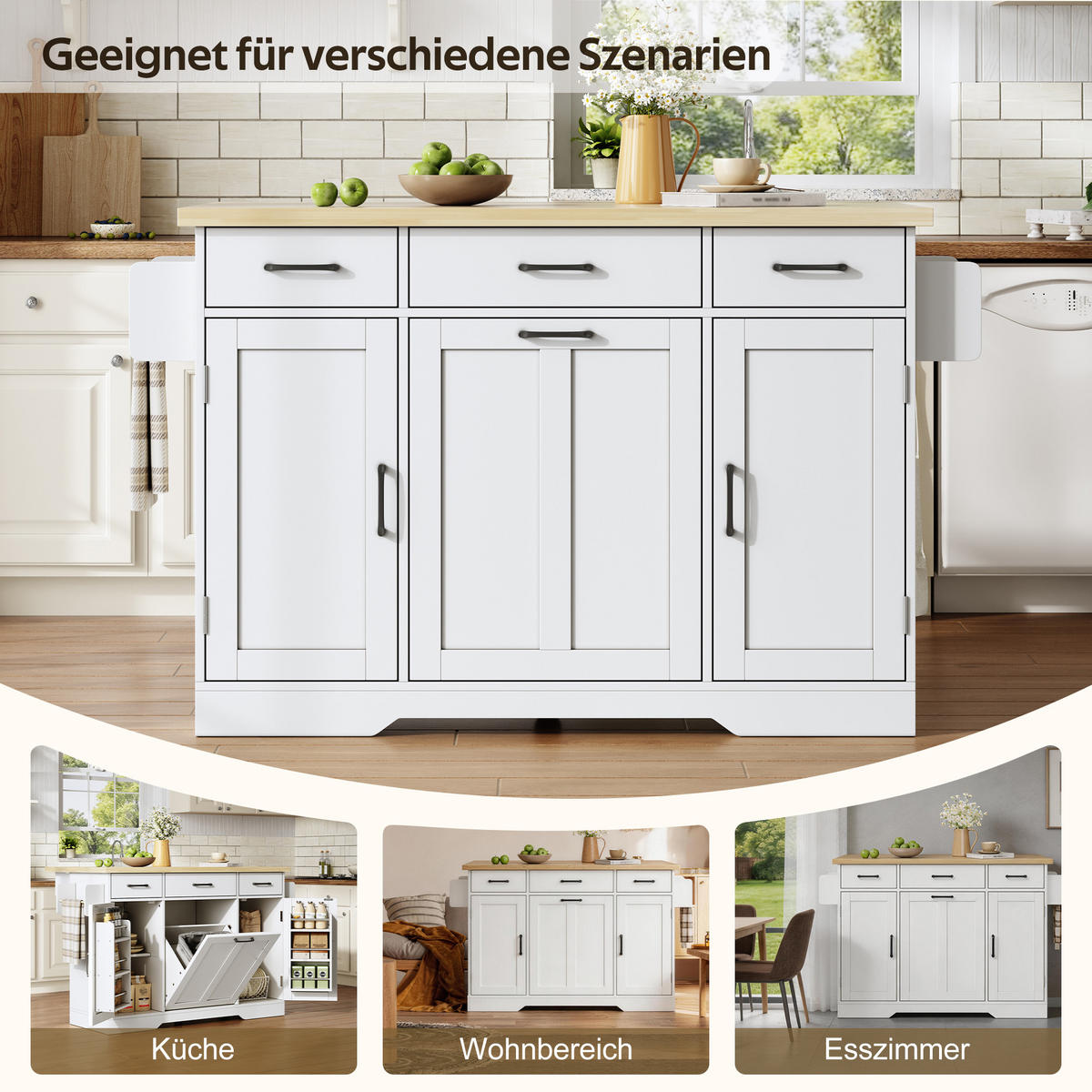 SERVIERWAGEN in Weiß Kücheninsel mit klappbarer Arbeitsplatte und Rollen für Küchen, B120/T45 (70)/H87cm - Weiß, Holzwerkstoff (120/87/70cm) - STILVORA