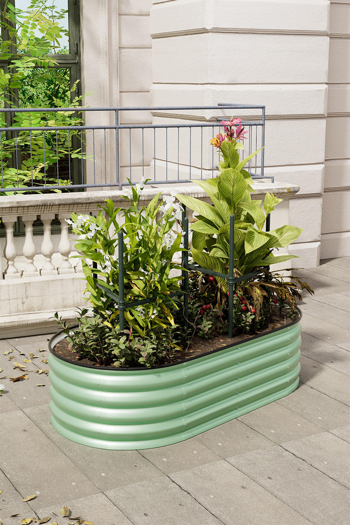 HOCHBEET Pflanzkasten mit Pflanzenstütze aus verzinktem Stahl in verzinkten Hellgrün Ovalen Blumenkasten für Garten Balkon 160 × 80 × 42 cm 8,3 kg - Grün, Metall (80/42/160cm) - Livingandhome