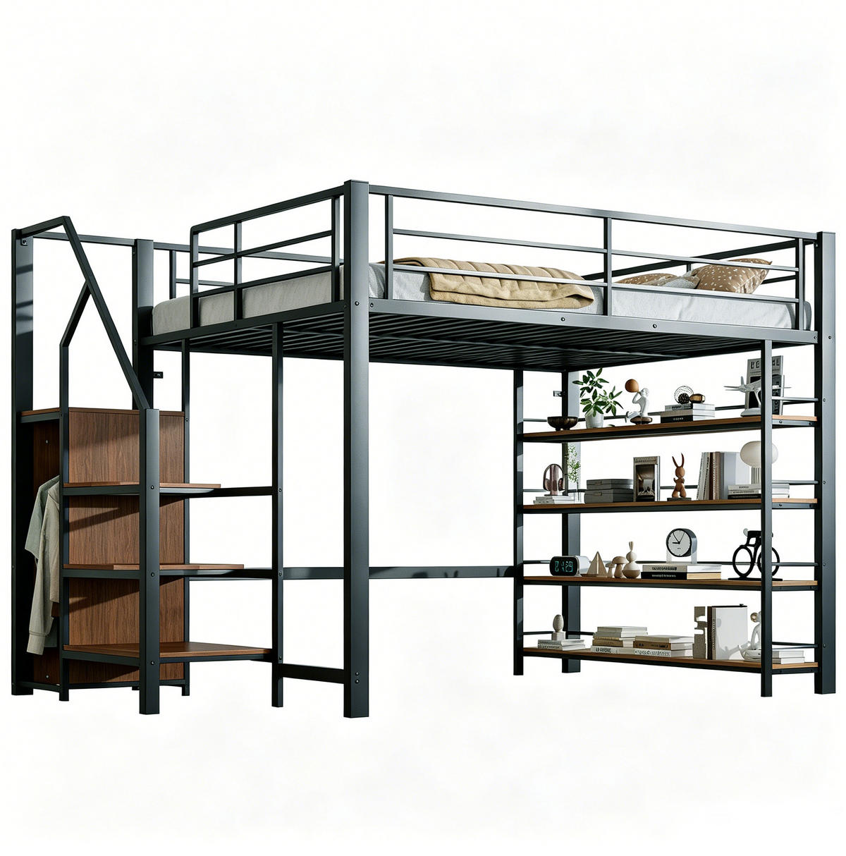 HOCHBETT 140/200 cm aus Metall und MDF mit Stauraumtreppe und Kleiderstange Schwarz - Schwarz, Metall (140/200cm) - Modenvie