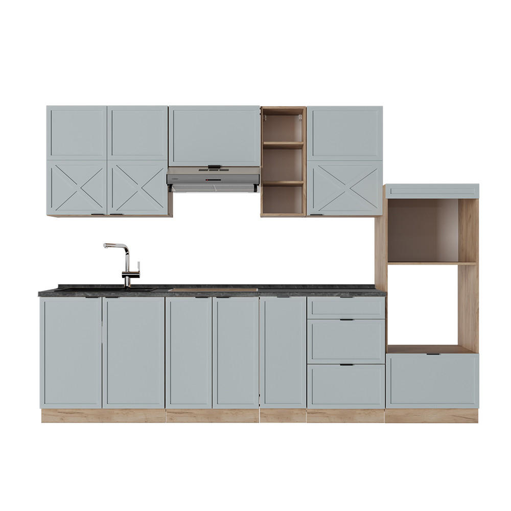 KÜCHENZEILE Fame-Line Hellblau-grau/Goldkraft Eiche 280 cm AP Anthrazit - Honigeiche/Blaugrau, Holzwerkstoff (280/81.6/60cm) - Vicco