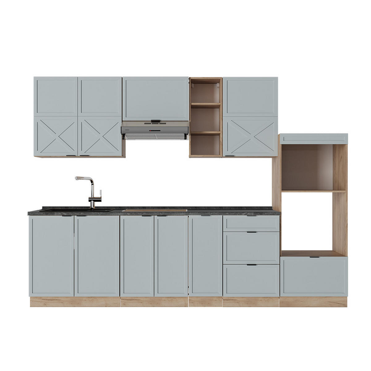 KÜCHENZEILE Fame-Line Hellblau-grau/Goldkraft Eiche 280 cm AP Anthrazit - Honigeiche/Blaugrau, Holzwerkstoff (280/81.6/60cm) - Vicco