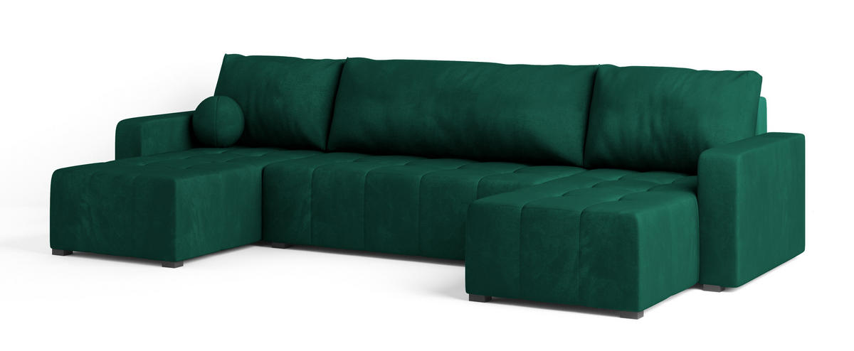 WOHNLANDSCHAFT TOLARI Grün Plüsch-Stoff mit Schlaffunktion - Grün, Holz (295/85/140cm) - MASSENO