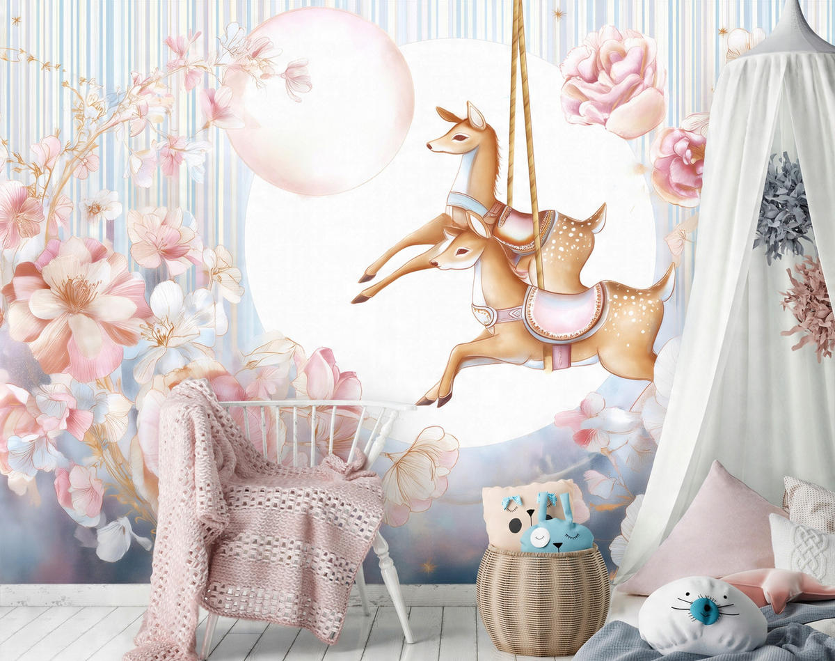 FOTOTAPETE Kinderzimmer Mädchen Blumen Tiere 200x140 - Multicolor, Papier (200/140cm) - Wallarena