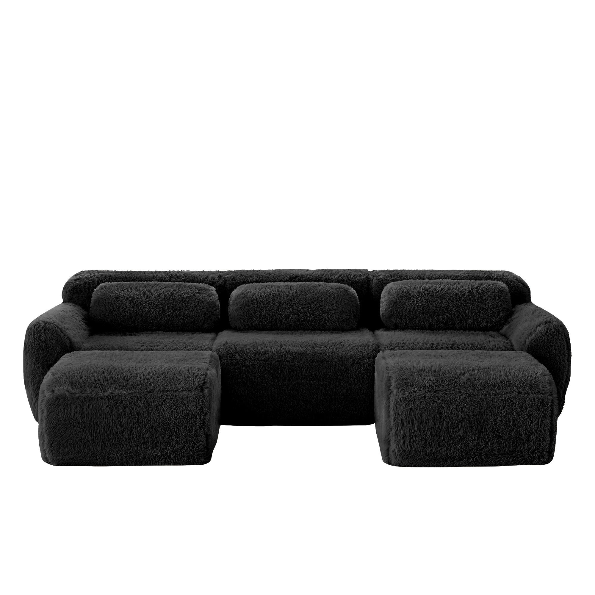 3-SITZER Sofa 291x179x73 cm aus Plüschstoff rahmenlos modular mit 2 Ottomans, schwarz - Schwarz, Textil (179/73/291cm)
