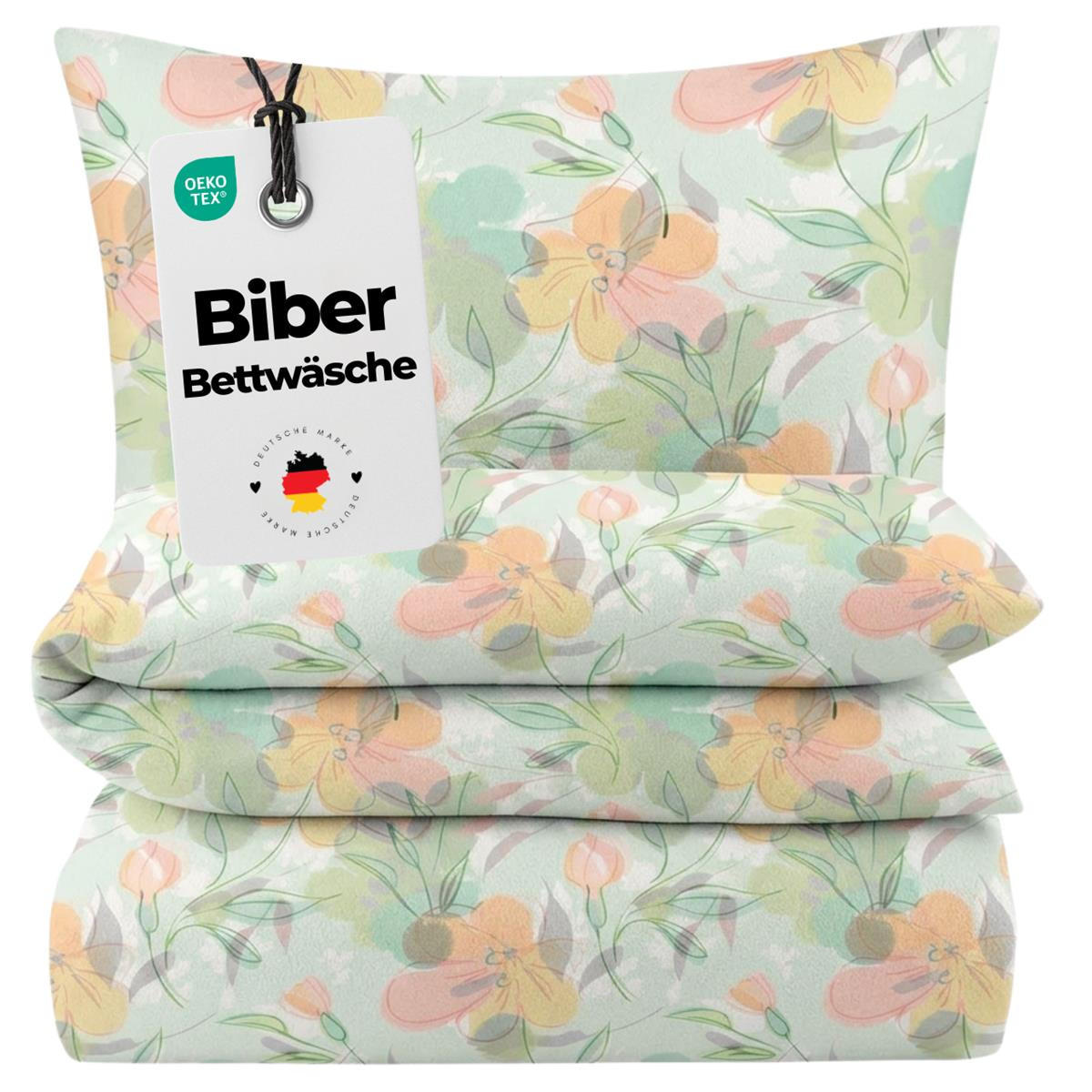 BIBER-BETTWÄSCHE 155x220 - Kuschelig warmer Flanell Bettbezug aus 100% Baumwolle für Herbst & Winter - Bunte Blumen - Grün, Textil (155/220cm) - Carpe Sonno