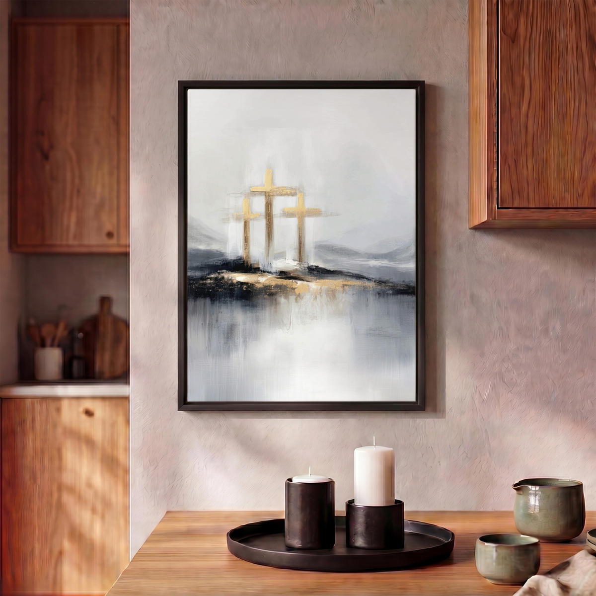 LEINWAND Bilder mit Rahmen - Abstrakt - Malerei - Christentum - Kreuz - 30x40 - Weiß, Textil (30/40cm) - MuchoWow