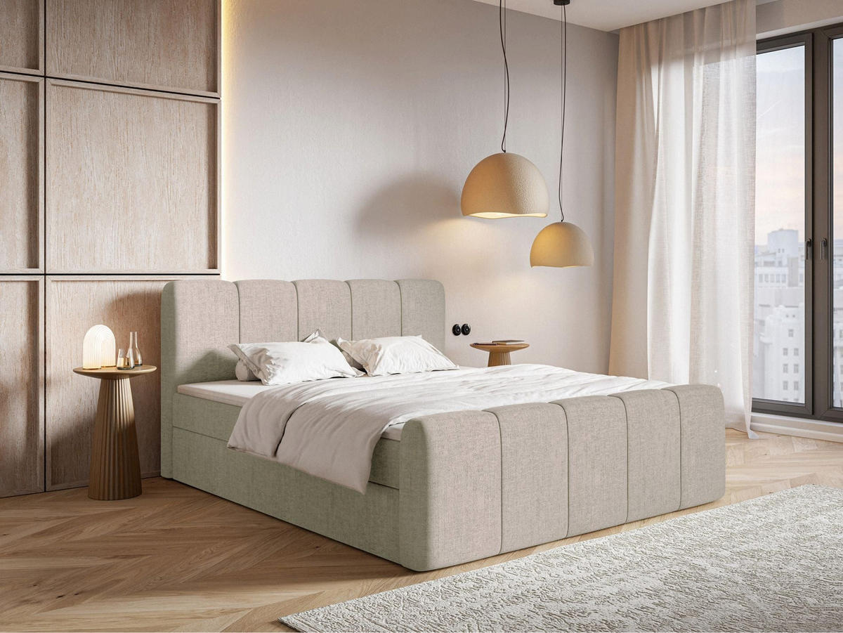 BOXBETT Cloudy II mit Bettkästen und Topper Chenille Taupe, 140x200 cm - Graubraun/Schwarz, Kunststoff/Textil (140/200cm) - Selsey