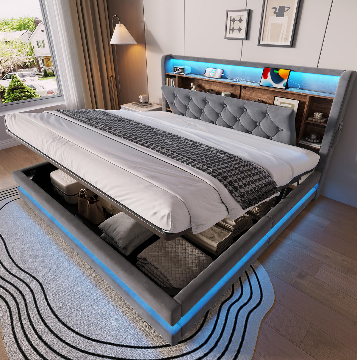 ČALOUNĚNÁ postel 180/200 cm s LED osvětlením, USB a USB-C, hydraulickým úložným prostorem a čelem s policemi, Tmavě šedá - tmavě šedá, textil (180/200cm) - Redom