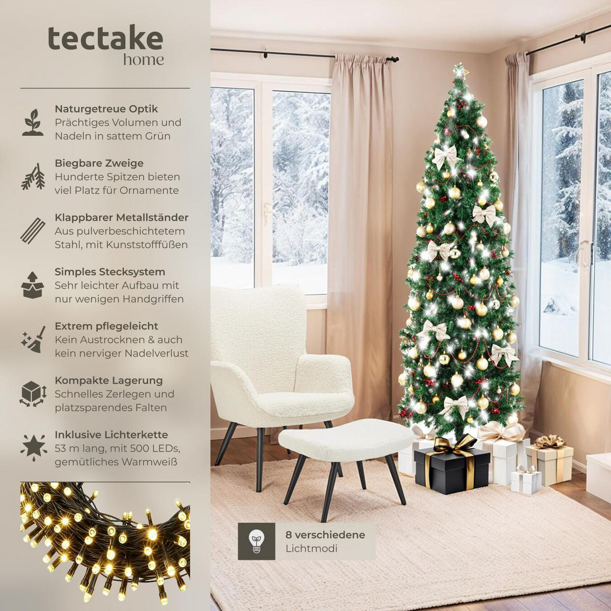 SET WEIHNACHTSBAUM MIT LICHTERKETTE ,pulverbeschichteter Metallständer mit Kunststoffkappen,grün - Grün, Kunststoff (210cm) - tectake