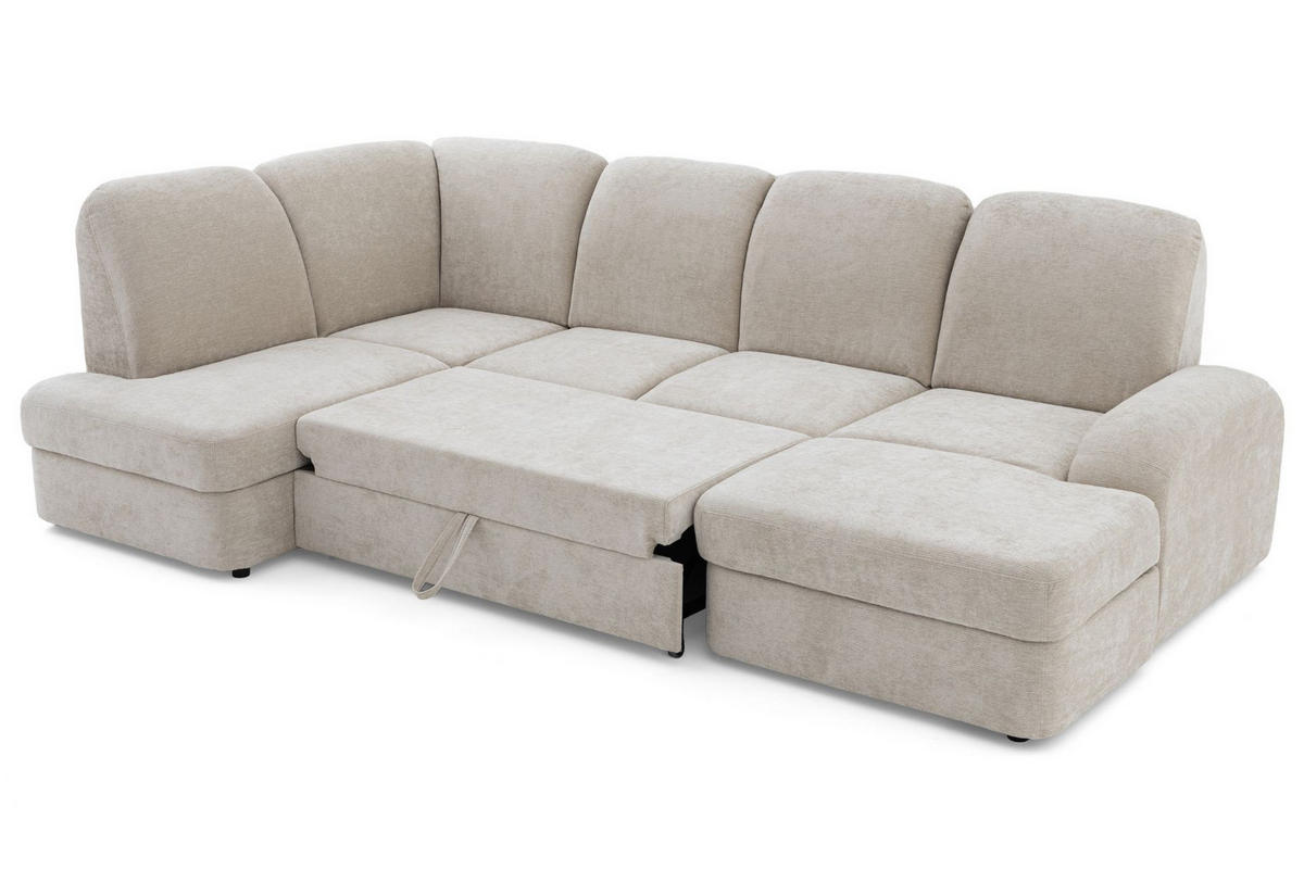 ECKSOFA VIBE U Links mit Schlaffunktion 129x263 Chenille Beige - Beige/Schwarz, Holz/Kunststoff (280/102/186cm) - Muffo