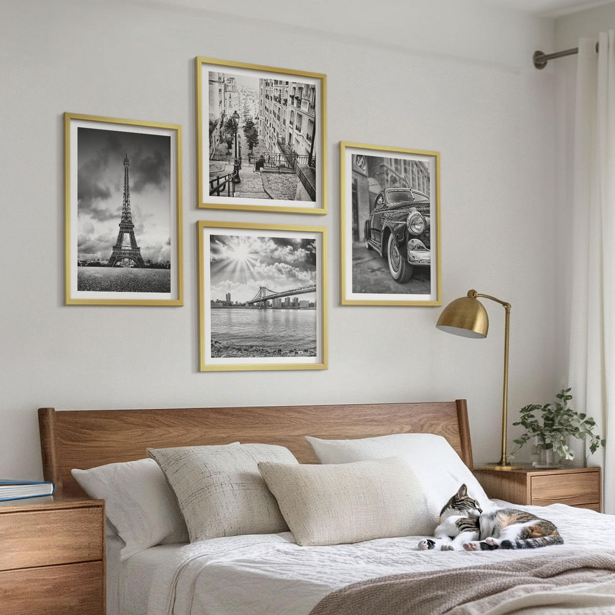 BILDER SET 4er Set - 50x50 cm & 40x60 cm Goldrahmen - Stadtansichten, Brücken, Eiffelturm, Auto - Goldfarben, Kunststoff (50/50cm) - TULUP
