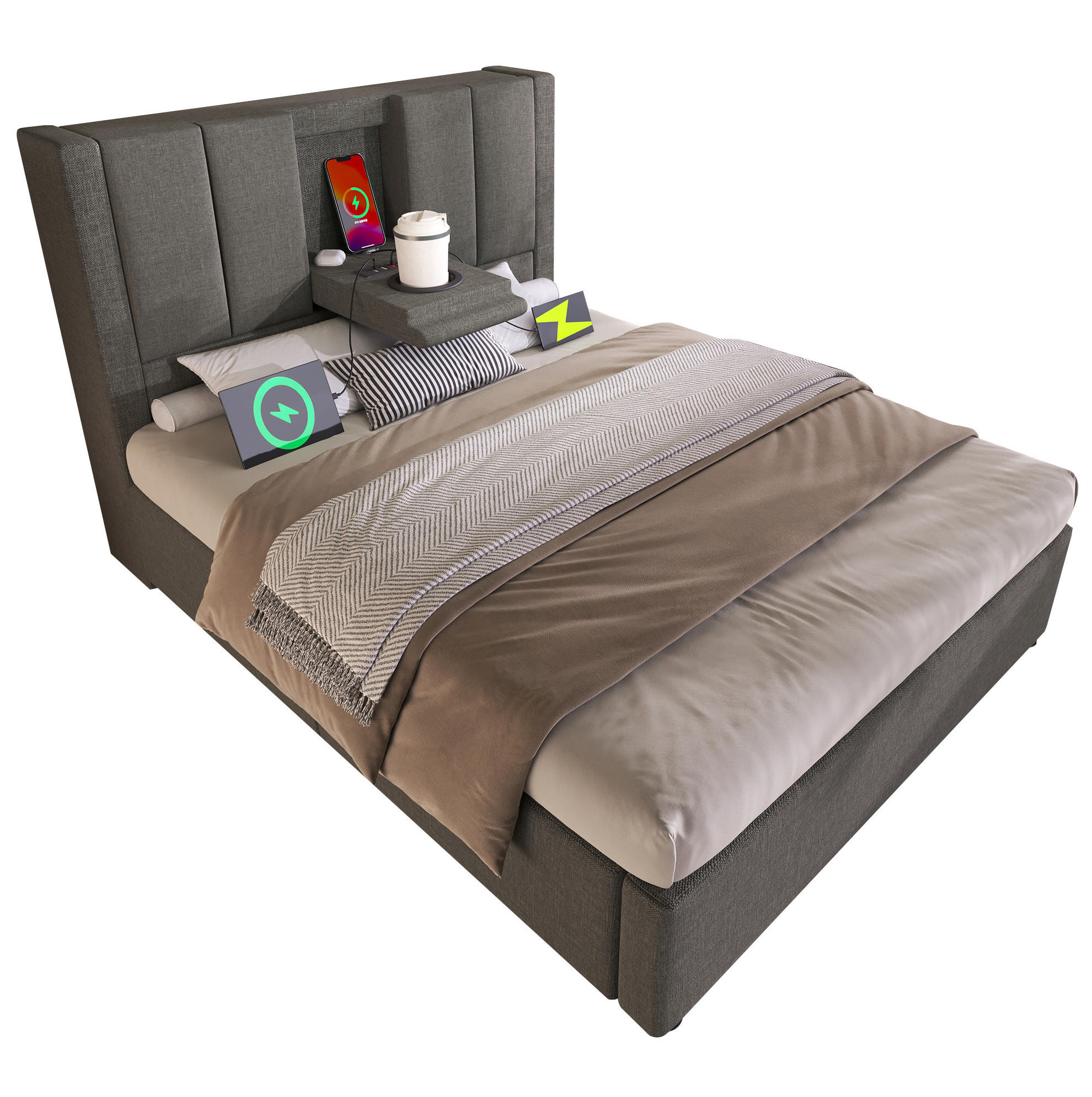POLSTERBETT 90/200 cm aus Leinen mit Ladestation verstecktem Becherhalter und Stauraum Grau - Grau, Textil (90/200cm) - Modenvie